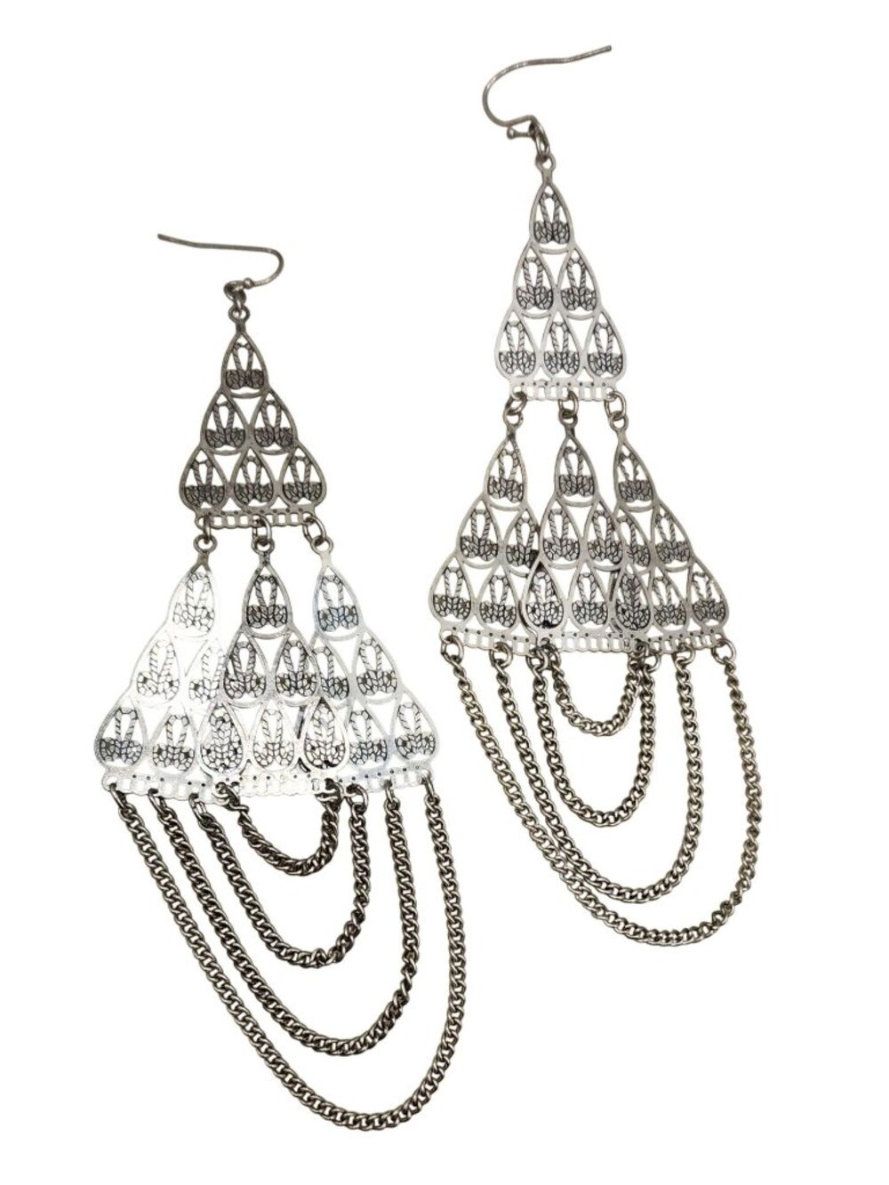 Silvertone Filigree Chandelier Earrings - Hook